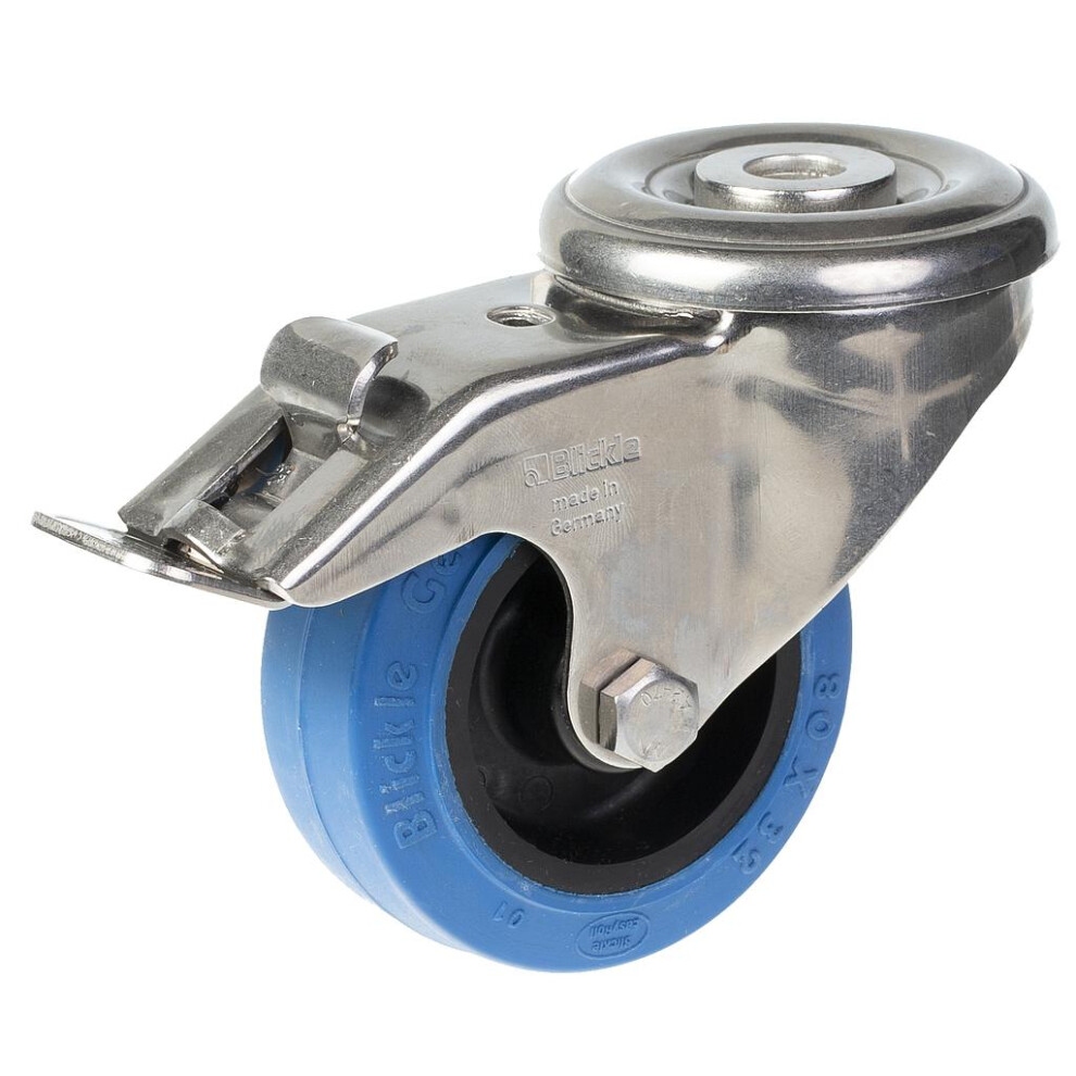 Parnells 80Mm Stainless Steel Swivel/Brake Castor With Elastic Rubber On Nylon Centr Blue