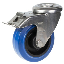 Roulette pivotante/frein de 100 mm en acier inoxydable avec caoutchouc élastique bleu sur centre en nylon