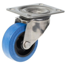 80 mm Edelstahl Lenkrolle mit blauem Elastikgummi auf Nylon Mittelrad