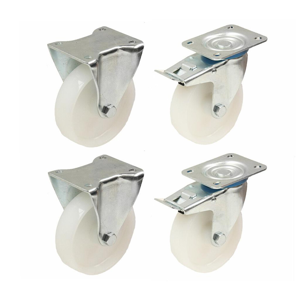 100mm 4" inch nylon castors heavy duty fixed & braked castors set 150kg each - set of 4