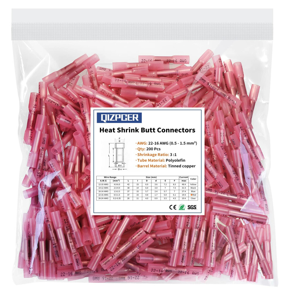 Heat Shrink Butt Wire Connectors 200 Pcs Red 22-16 Awg Insulated Waterproof Automotive Marine Crimp Terminals 6947110166681