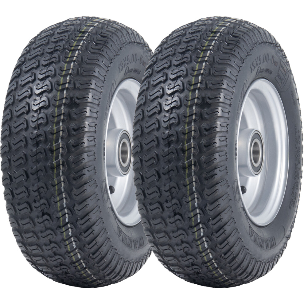 Parnells 13X5.00-6 Grass Lawnmower Tyres & Rims Wanda P332- 25Mm 6205 Bearings (Set Of 2) Silver