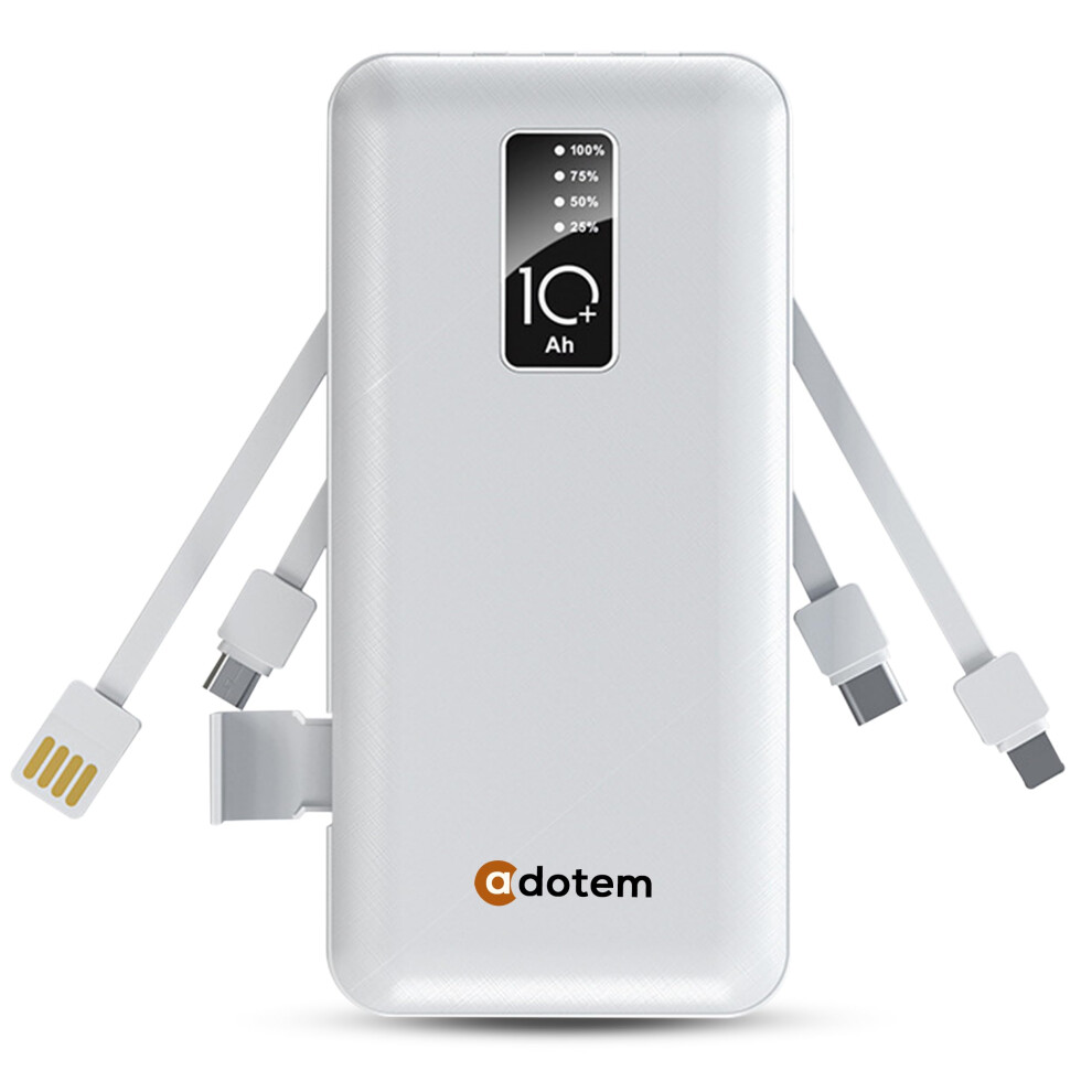 Portable Charger Power Bank 10000Mah With Ios, Type-C, Usb, Micro Charging Cables For Iphone, Android, Ipad - White 6947110167145