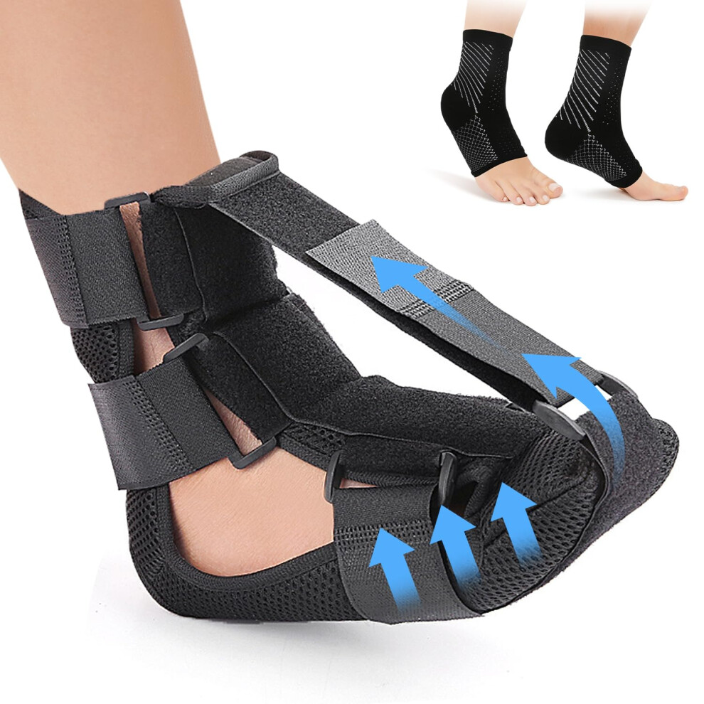 Night Splint for Plantar Fasciitis and Achilles Tendonitis, Adjustable Foot Drop Brace with Compression Socks, Size M