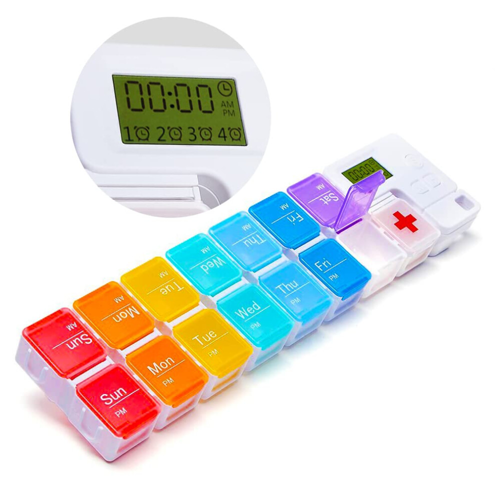 7 Day Pill Organizer with 4 Reminder Alarms, Loud Sound, 14 Large Compartments, Moisture-Proof Design for Vitamins and Supplements