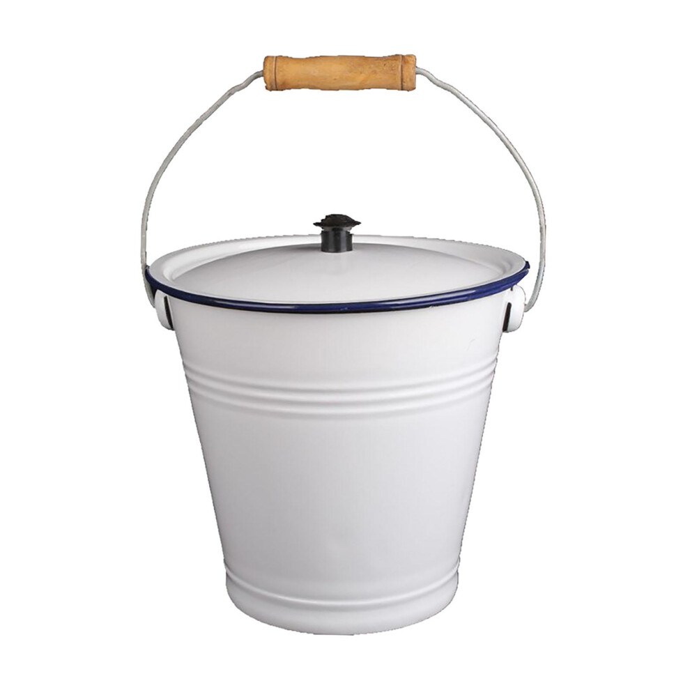 (3L) Enamel Bucket with Wood Handle Country Kitchen Utility Metal Pail for