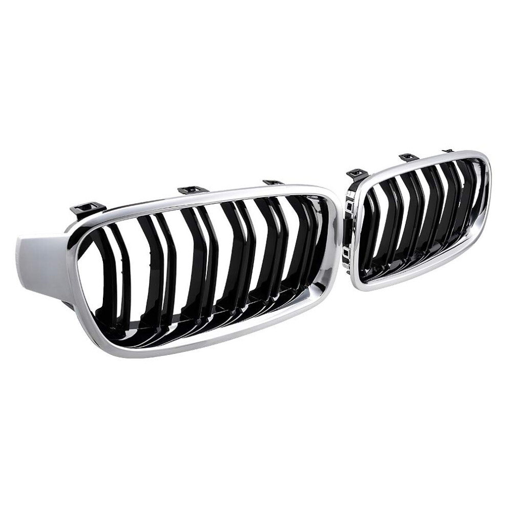 2X Double Line Style Driver Passenger Front Kidney Grille For Bmw F30 F31 320I 328I 335I Sedan Wagon 2012-2018 Chrome Black 6493810687501