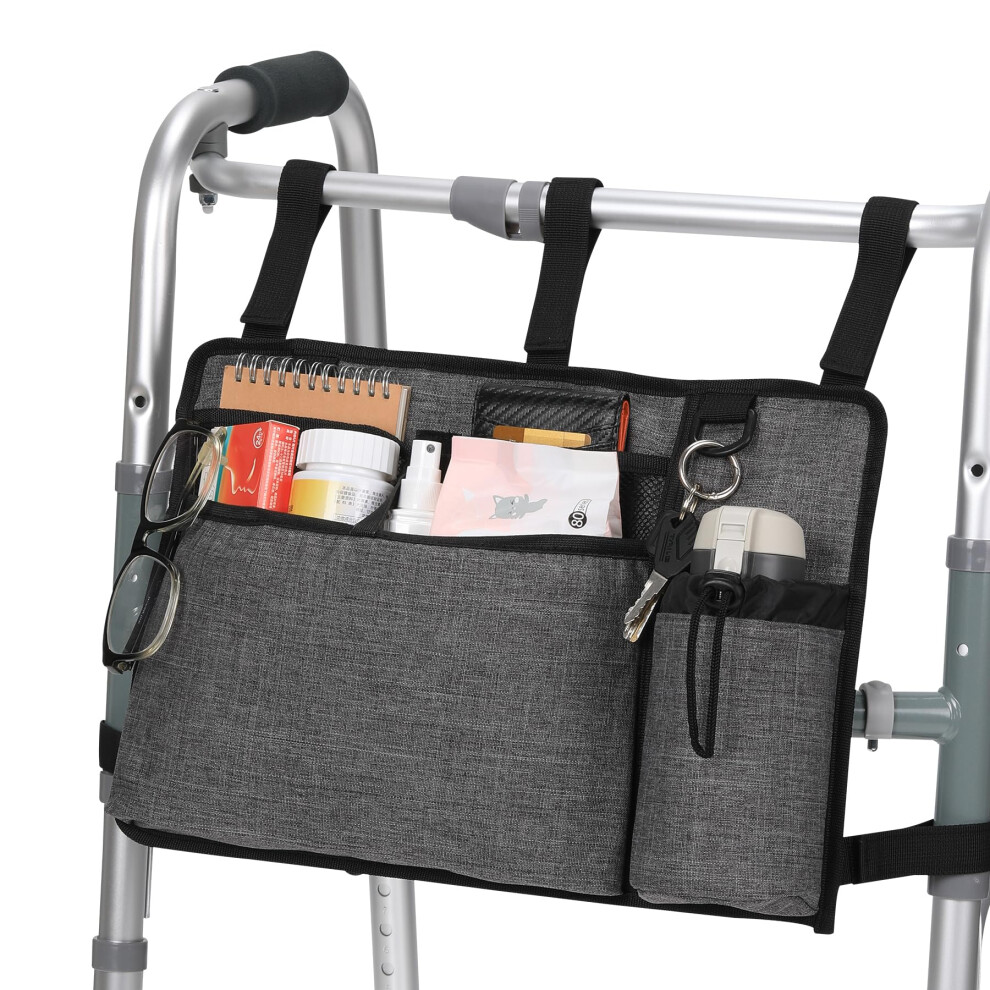 Gray Walker Bag Basket With Cup Holder For Adult Folding Rollators, Water-Resistant Organizer Pouch For Seniors,