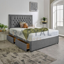 (3ft, No Drawers, Grey) Luxury Plush Velvet Divan Bed With Chesterfield Bumper Headboard