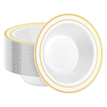 30 Pack Plastic Wegwerpkommen, 12oz Saladekommen met Gouden Rand voor Dessert, Ontbijtgranen Kommen voor, Bruiloft, Catering