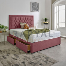 (3ft6, No Drawers, Pink) Luxury Plush Velvet Divan Bed With Chesterfield Bumper Headboard