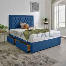 (5ft, No Drawers, Blue) Luxury Plush Velvet Divan Bed With Chesterfield Bumper Headboard