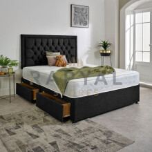 (5ft, 4 Drawers, Black) Luxury Plush Velvet Divan Bed With Chesterfield Bumper Headboard