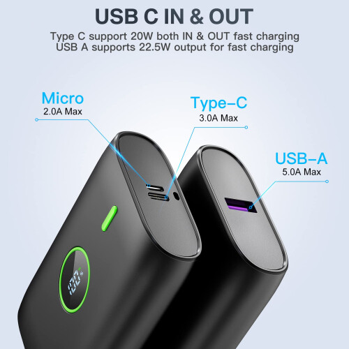 Φορητός φορτιστής, PD 22.5W 10.000mAh Power Bank, Μίνι γρήγορος φορτιστής, με οθόνη LED, USB-C, μπα 1