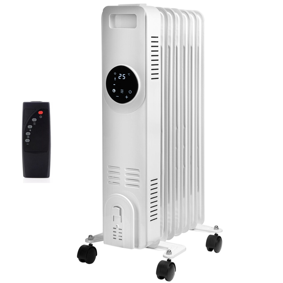 Daewoo 1500W 7-Fin Digital Oil Filled Radiator with Remote, LCD Thermostat, 3 Heat Settings, Timer, Portable 4-Wheel White HEA1889GE