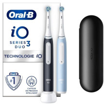 Oral-B iO 3 Set von 2, Elektrische Zahnbürsten Schwarz und Blau, 2 Bürstenköpfe, 1 Reiseetui