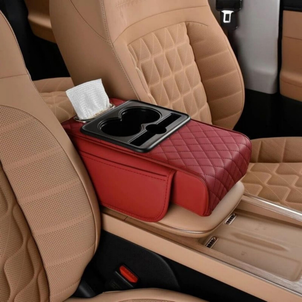 Car Armrest Box Storage Bag With Cup Holders, Tissue Slot, Phone Slot, Heightening Pad, Wine Multifunctional Auto Organizer Red 6493810691652