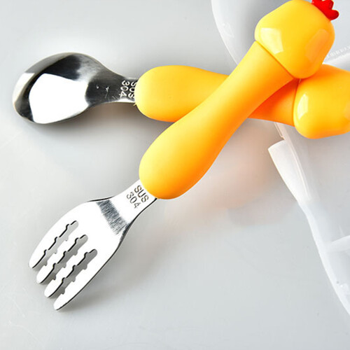 Baby Fork & Spoon Set Stainless Steel Plastic Handle, Yellow