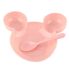 Baby Cartoon Shape Reusable Plastic Dinner Plate with Double Ear, Pink Bowl, Chopsticks, Spoon & Fork