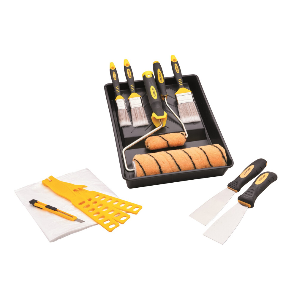 STANLEY 16 Piece Decorating Set Paint Tray Rollers Brushes Dust Sheets Scraper
