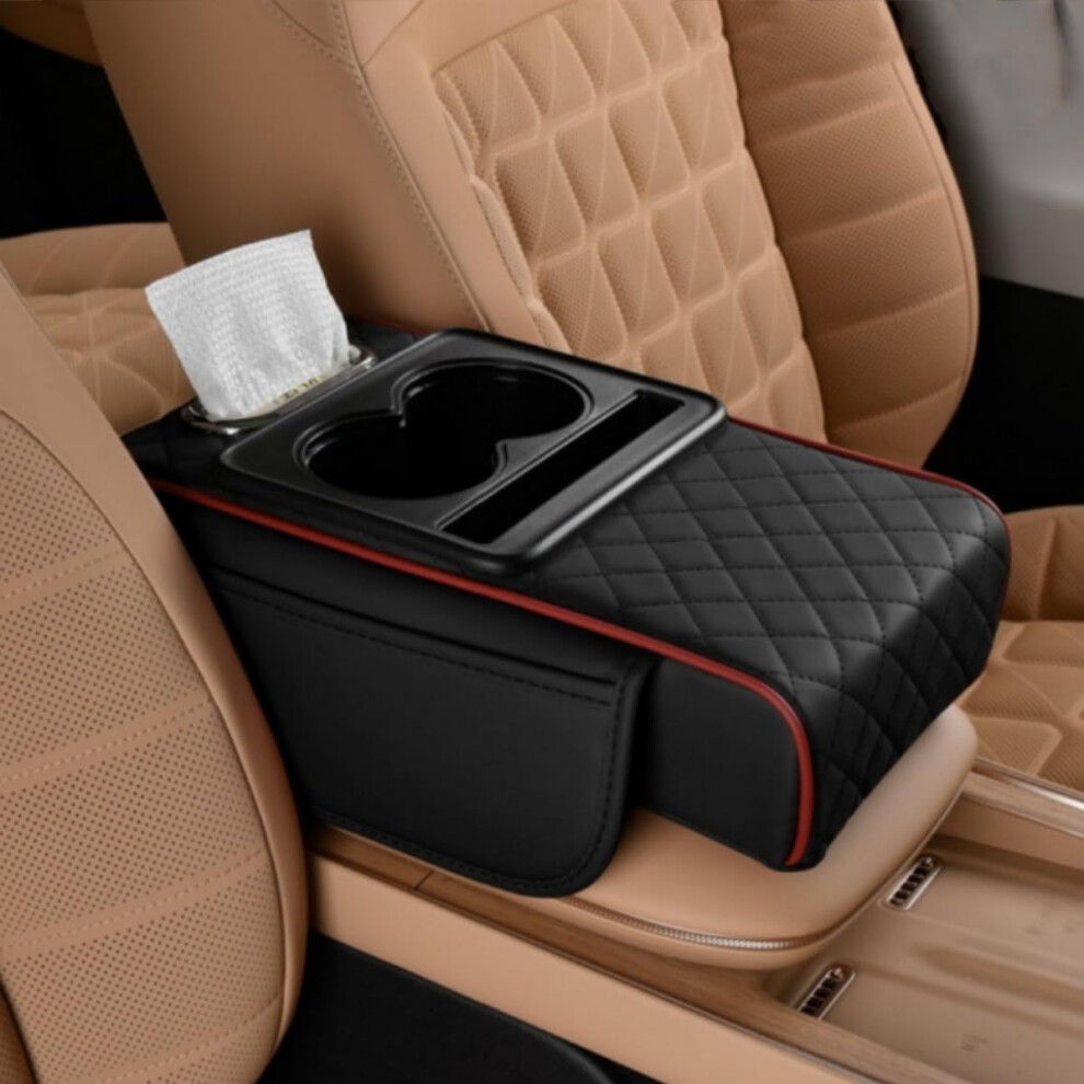 Integrated Pressurized Multifunctional Car Armrest Cushion Pad With Height Adjustable Design, Center Console Cover And Cup Holder Black 6276012492247