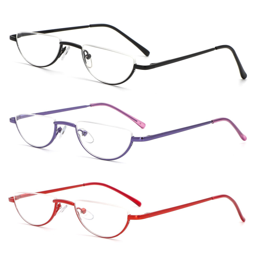 3 Pack Half Frame Reading Glasses for Men and Women, Slim Semi-Rimless Metal Frames with Spring Hinges, Half Moon Lens
