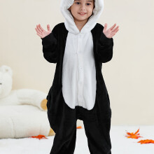 (Black, 12Y) Youngsters' Animal Print Flannel Jumpsuit with Button Details, Casual V-Neck, Machine Washable - Fall/Winter Collection