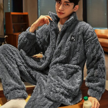 (Grey, 40) Men's Winter Flannel Thickened Velvet Pajama Set with Coral Zipper Style Two-Piece Home Wear for Autumn and Winter