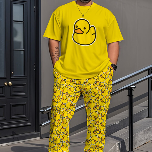 (Lemon Yellow, 58-60) A Short-Sleeve And Long-Pants Set Featuring a Little Yellow Duck Print, Plus-Size Men'S Loungewear