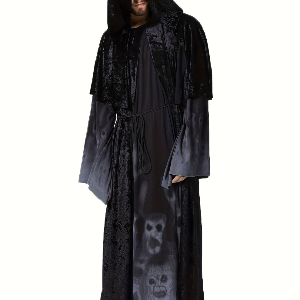 Mdsrjone Black (, 40) Men's Gothic Vampire Costume - 100% Polyester Halloween Death Cloak With Skull And Ghost Patterns, Crew Neck, Medium Stretch Knit Fabric