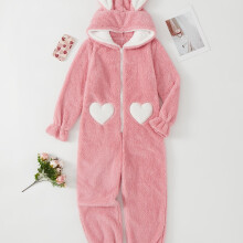 (Mixed Color, 16) Cozy Pink Bunny Hooded Onesie Pajamas for Women - Thick Fleece-Lined, Long Sleeve with Zipper Front & Pockets, Soft Polyester Blend, Machine Washable