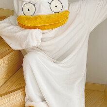 (White, Asian One-size) Fall/Winter Cozy Polyester Knit Adult Duck-Themed Hooded Onesie Pajamas - Long-Sleeve Onepiece Sleepwear, Party Style Cartoon Flannel Robe with Hood