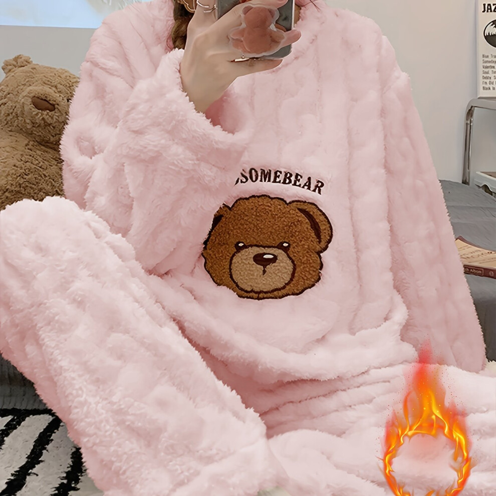 Mdsrjone (Pink Color, 8) Soft & Warm Cozy Winter Plush Pajama Set For Women | Long Sleeve Teddy Bear Top & Matching Pants, Soft Polyester Loungewear, Comfortab