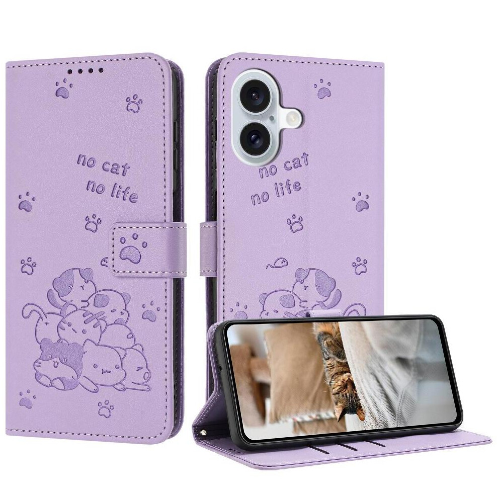 (Purple) Flip Case For Iphone 17 Pu Leather Cute Cat Card Holder Kickstand Leather Wallet Purple 764563177684