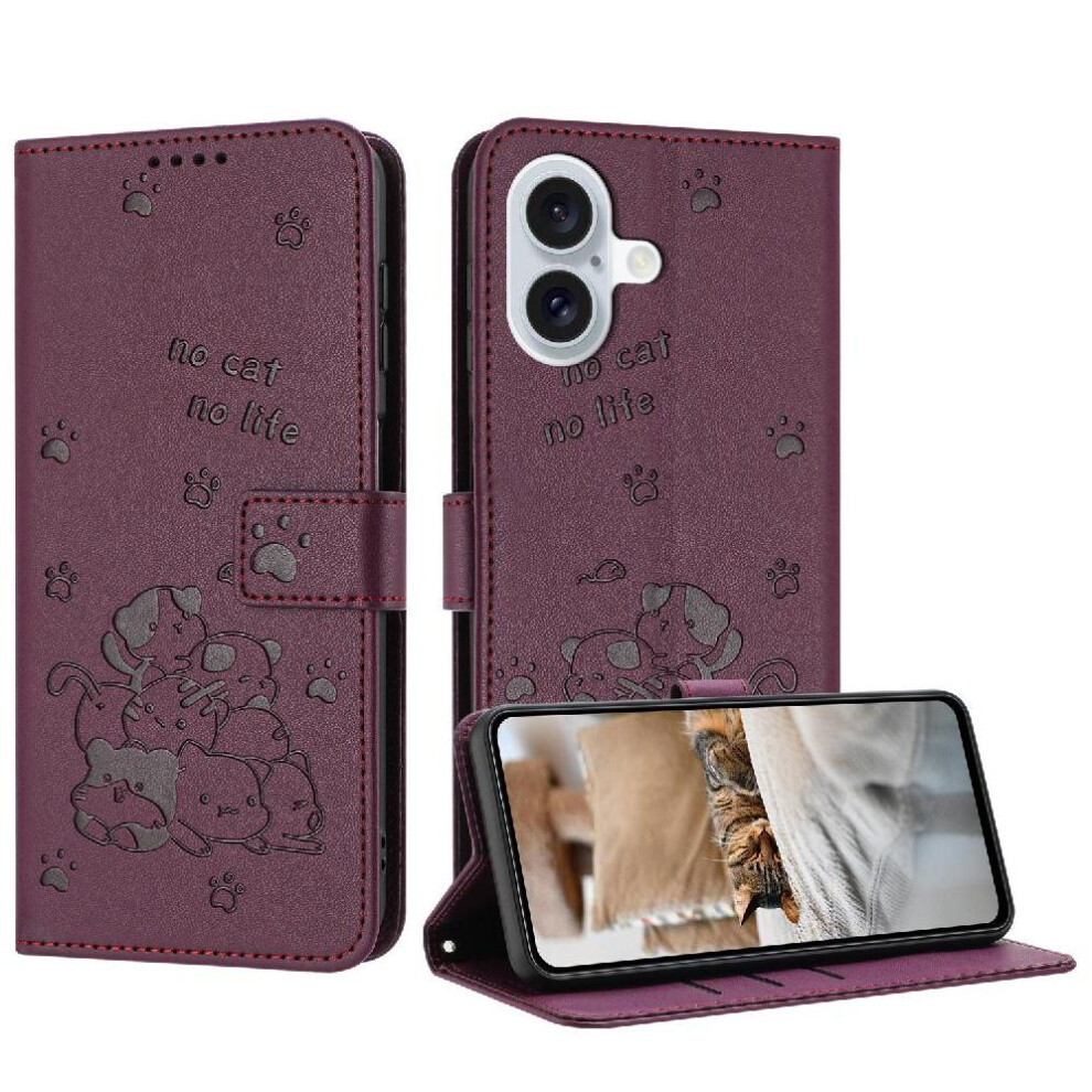 (Red) Flip Case For Iphone 17 Pu Leather Cute Cat Card Holder Kickstand Leather Wallet Red 764563177738