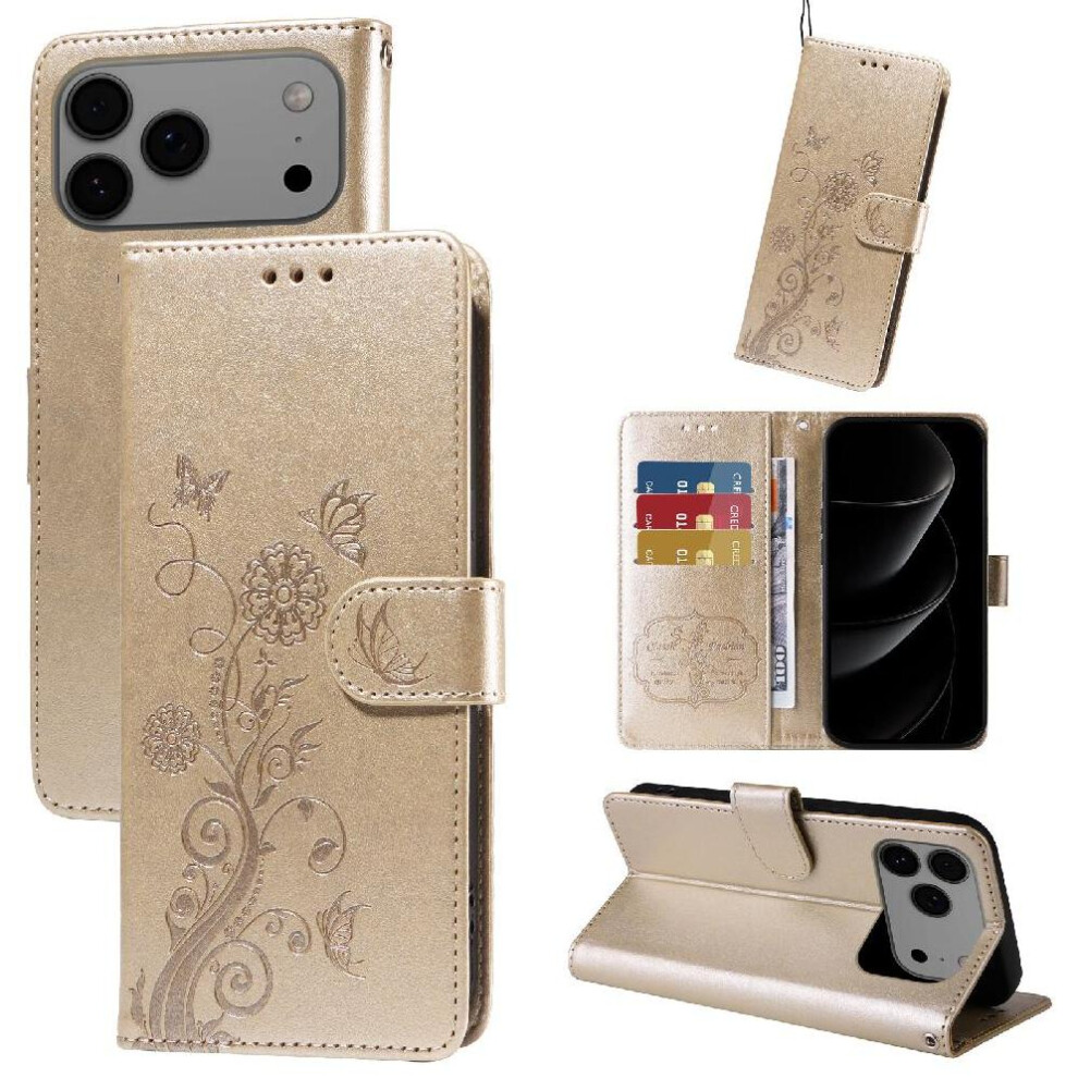 (Gold) Flip Case For Iphone 17 Pro Max Leather Flip Flower Cardslots Gold 764563178421