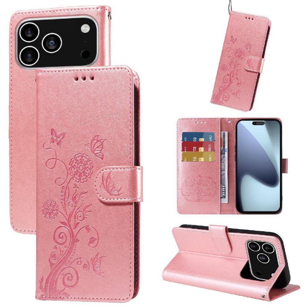 (Rose ) Flip Case For Iphone 17 Pro Flip Leather Cardslots Flower Gold 764563178483