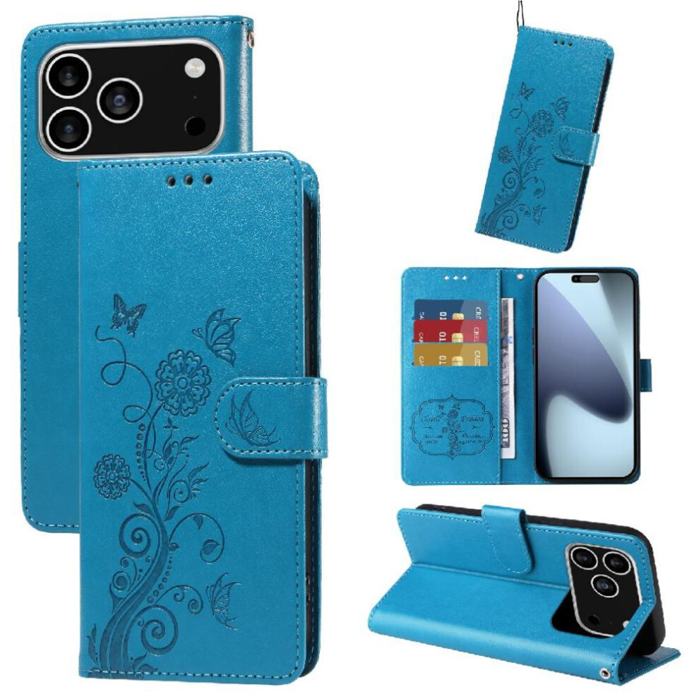 (Blue) Flip Case For Iphone 17 Pro Flip Leather Cardslots Flower Blue 764563178469
