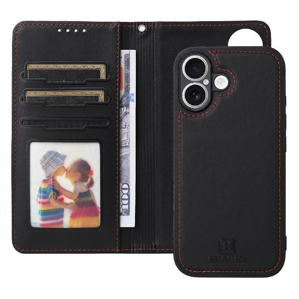 (Black) Flip Case For Iphone 17 Detachable Design Rfid Blocking Wireless Charging Flip Cover Wallet Black 764563178650