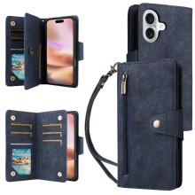 (Blue) Case for iphone 17 Magnetic Leather with Hand Strap Zipper Wallet Cover Card Holder