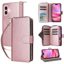 (Rose Gold ) Compatible with iphone 17 Wallet Case Crossbody and Wrist Strap Zipper Pocket Pu Leather Magnetic Closure 9 Card Holder