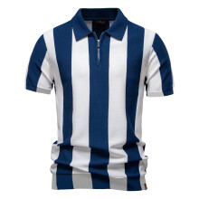 (PSD8059-Navy, EUR XXL 95-105kg) Classic 2025 New Summer Men's Breathable Striped Contrast Panel Polo Shirt - Casual Short Sleeve Knit Shirt with Comfort Fit