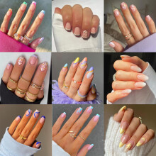 9 Packs (216 Pcs) Press on Nails Short Jsiallye Flower Short Press on Nails Square Swirl Press on Nails Almond Gradient Glue on Nails for Girl Nai