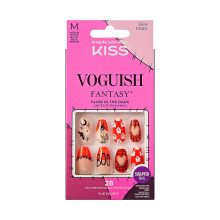 KISS Voguish Fantasy Halloween Nails Orange Medium Length Coffin Shape Pink Gel Nail Glue (2g) Mini Nail File Manicure Stick & 28 Fake Nails