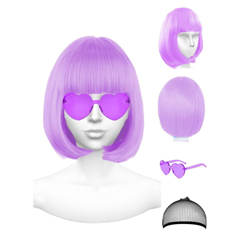 Nsodreem Light Purple Wig And Party Sunglasses Purple Wigs With Bangs For Women Short Bob Wig - Bachelorette Party Wigs Decorations Favors(Viol