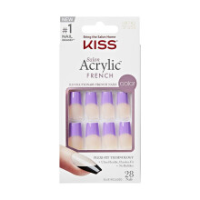 Kit de Unhas Falsas KISS Acrílicas Francesas, Design Quadrado Longo, Pontas Francesas Roxas, Gel e Palito de Manicure