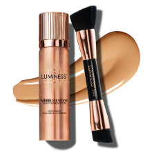 LUMINESS Silk Airbrush Spray Foundation 2-PC Kit - Foundation & Dual-Sided Angled Makeup Brush - Buildable Coverage Anti-Aging Formula Humidity Res