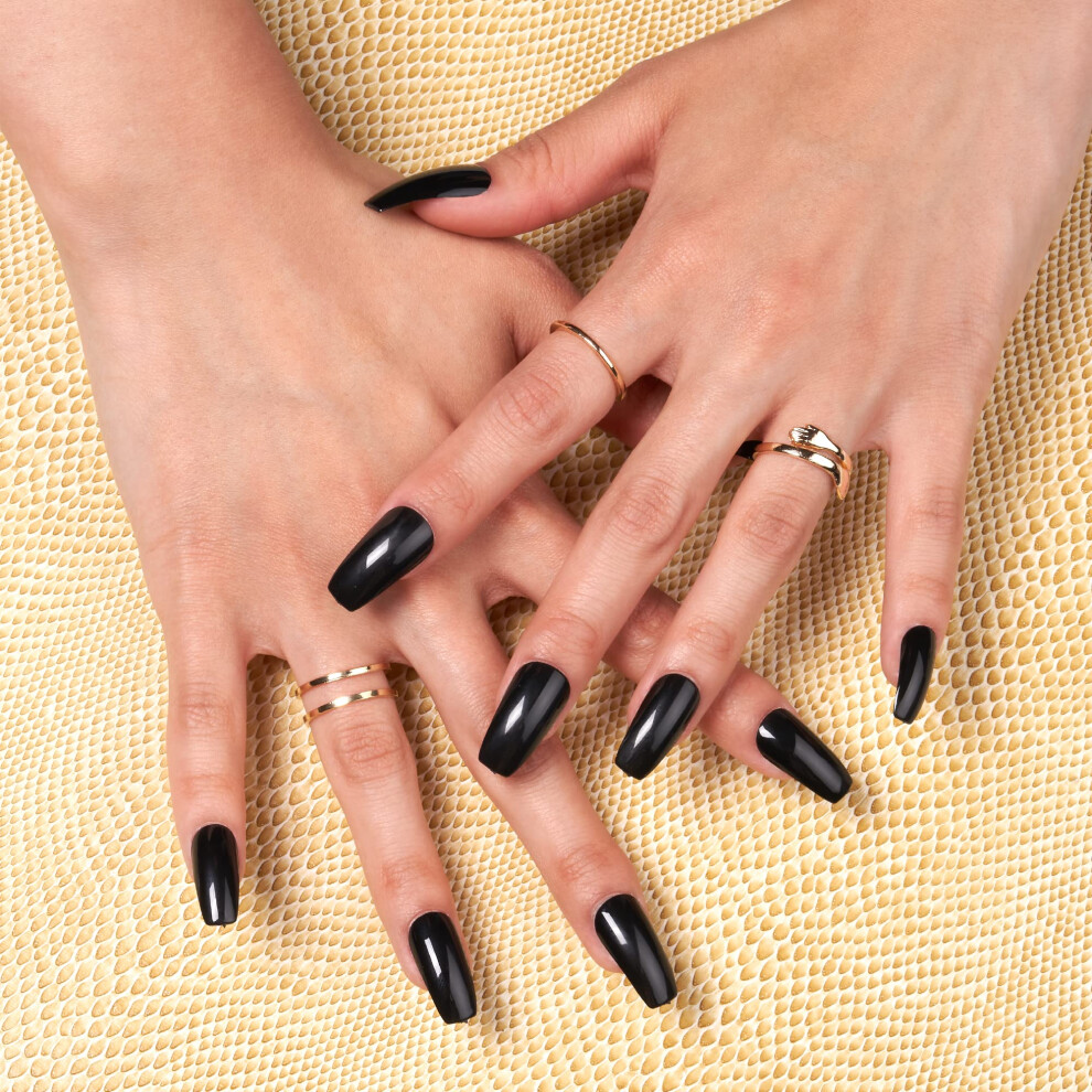 Goldfinger Black Press On Full Cover False Nails Kit With Glue Solid Color Nails Ready To Wear Gel Medium Long Length Nails (Crisp Air)