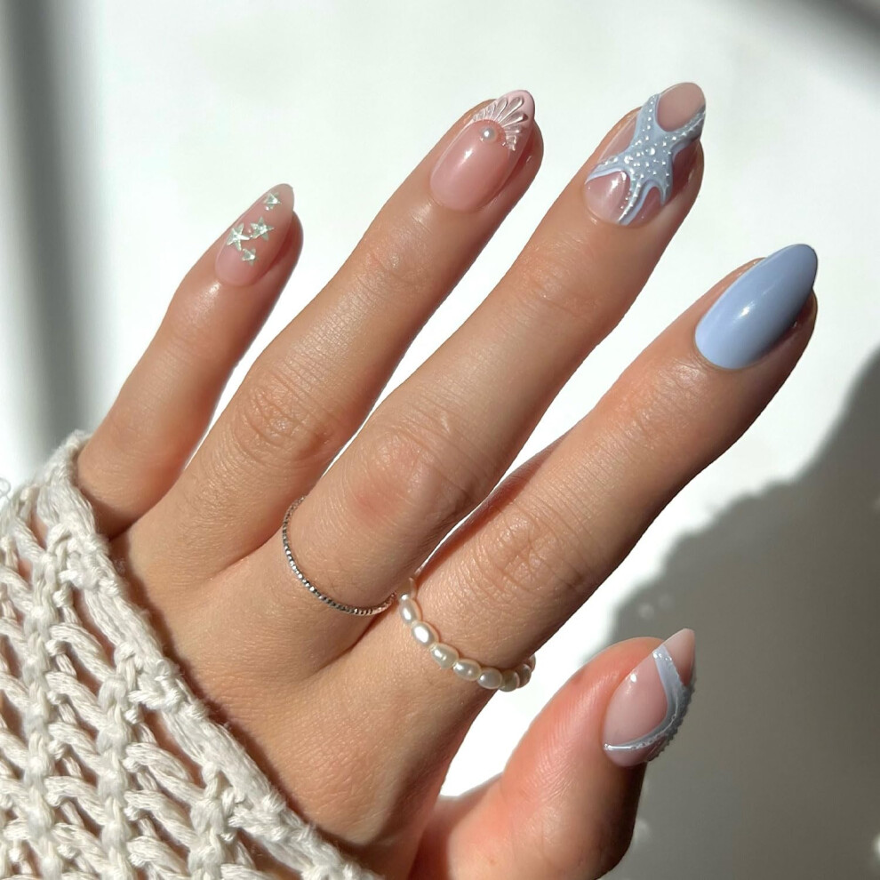 Glamnetic Press On Nails - Salty Waves | Short Almond Starfish Fake Nails With 3D Nail Art Salon Quality Summer Nails | 15 Sizes - 30 Nail Kit W