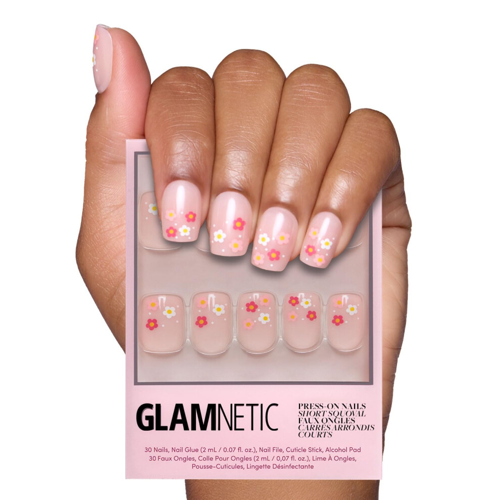 Glamnetic Press On Nails - Pretty Bloom | Short Squoval Nails With Flower Accents Reusable Stick On Fake Nails With Glue | Love In Bloom Valenti